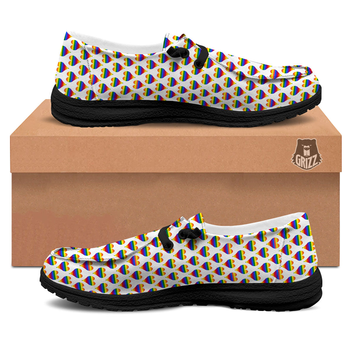 Striped White Heart On LGBT Pride Print Pattern Black Loafers-grizzshop