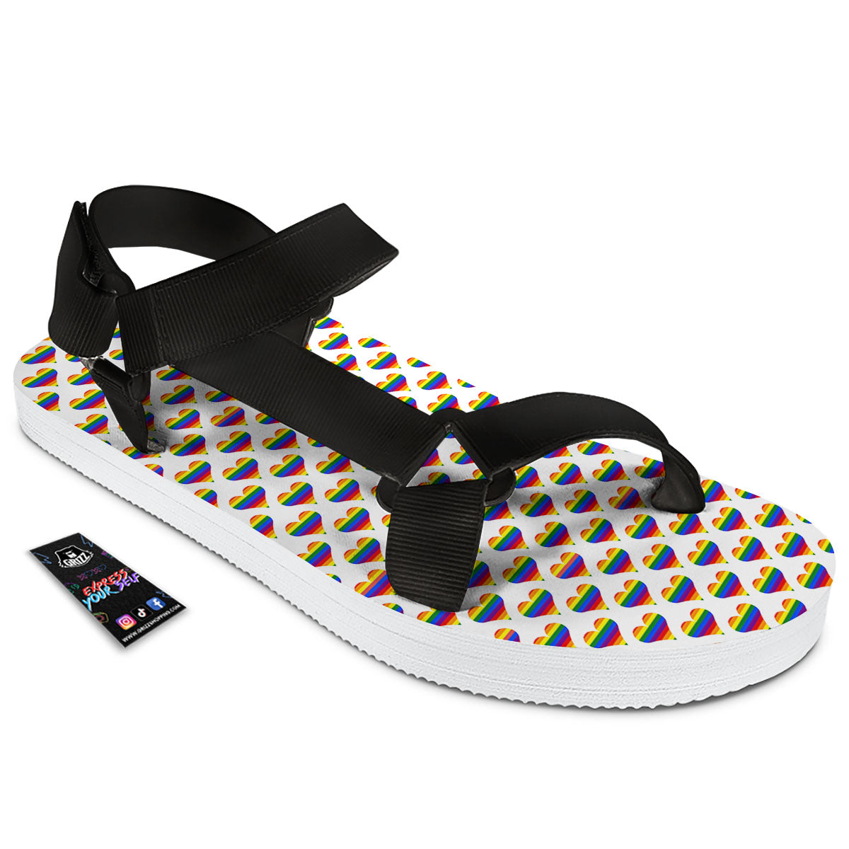 Striped White Heart On LGBT Pride Print Pattern Black Open Toe Sandals-grizzshop