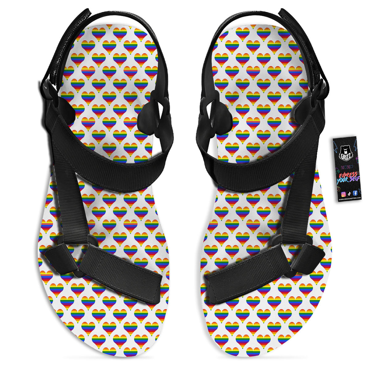 Striped White Heart On LGBT Pride Print Pattern Black Open Toe Sandals-grizzshop