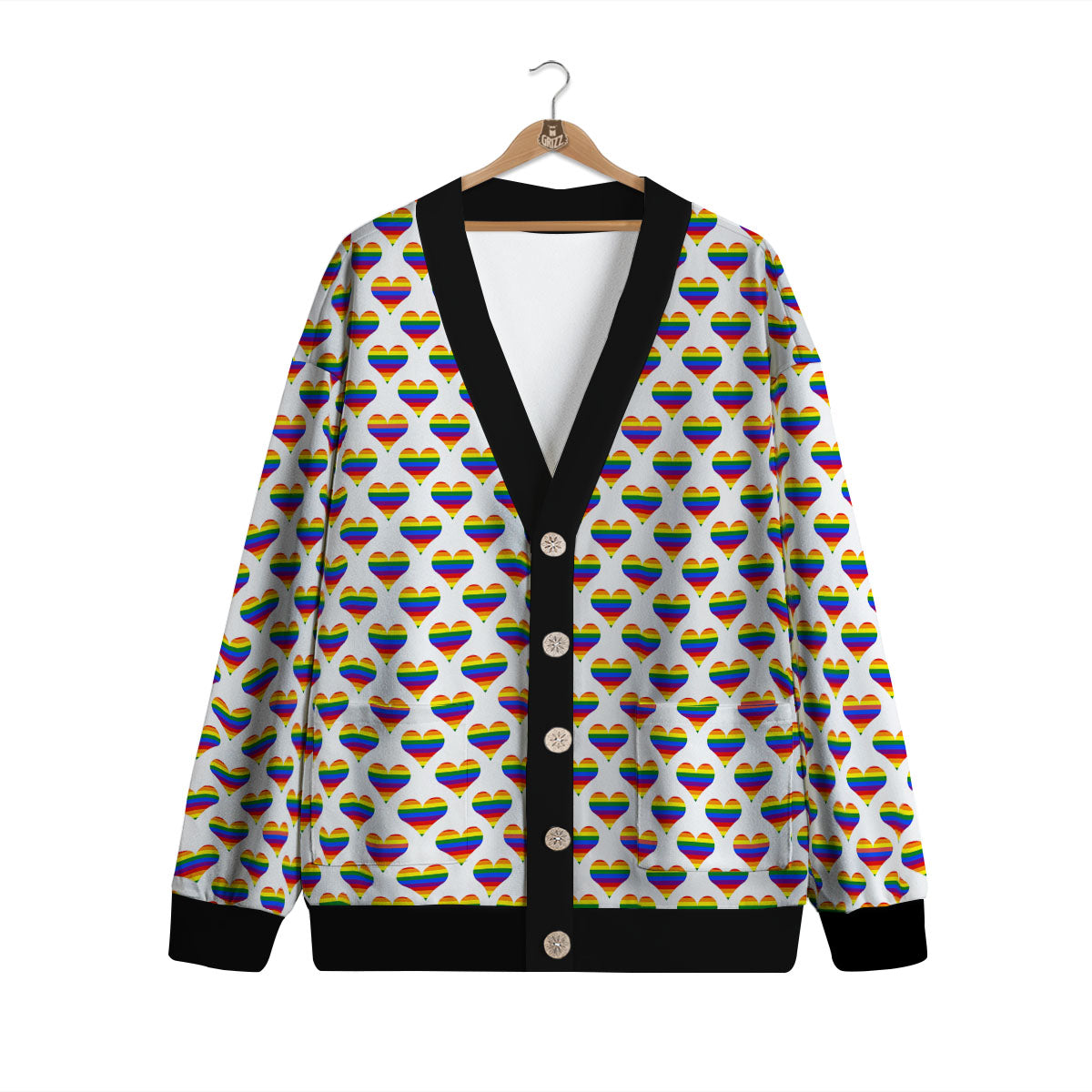 Striped White Heart On LGBT Pride Print Pattern Cardigan-grizzshop