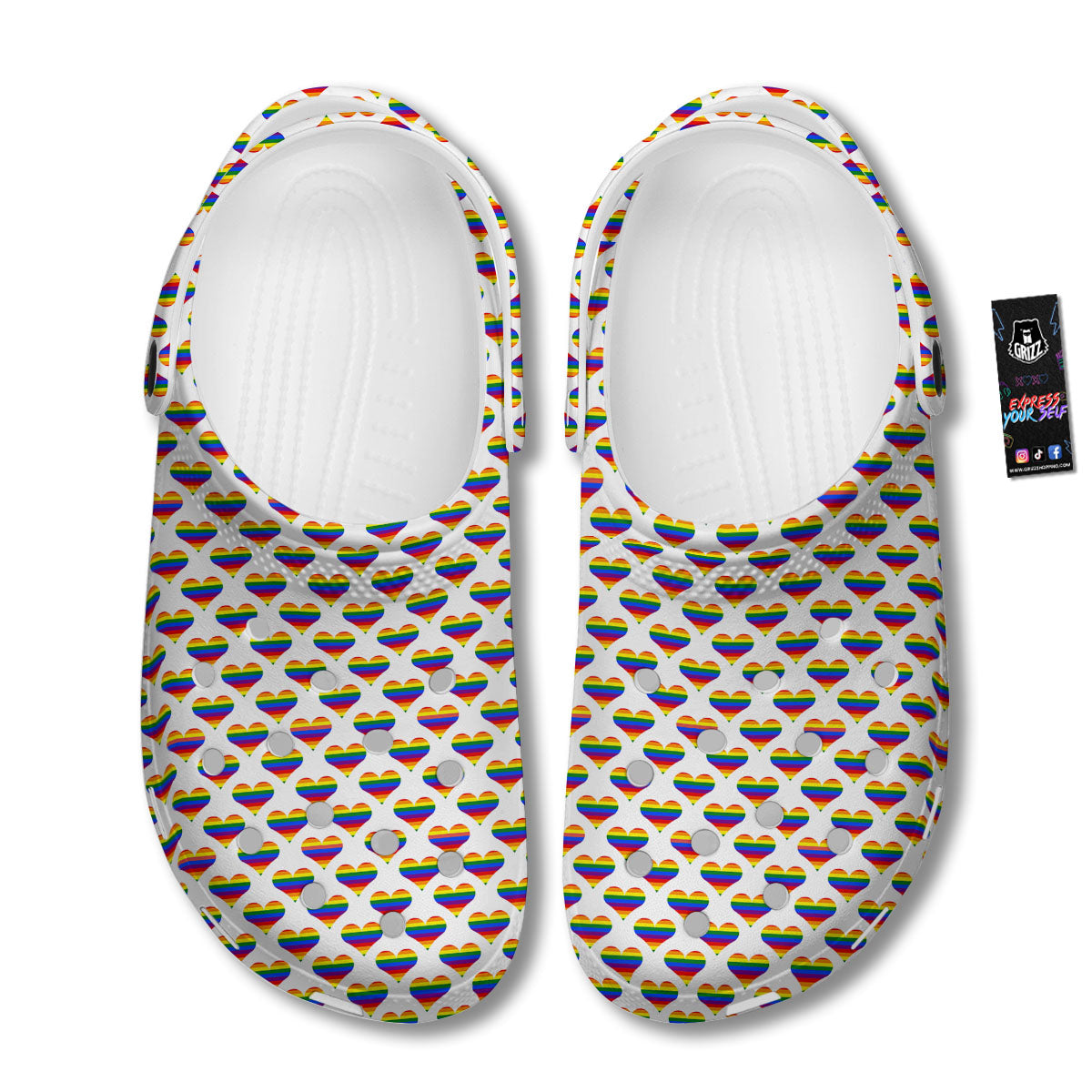 Striped White Heart On LGBT Pride Print Pattern Clog-grizzshop