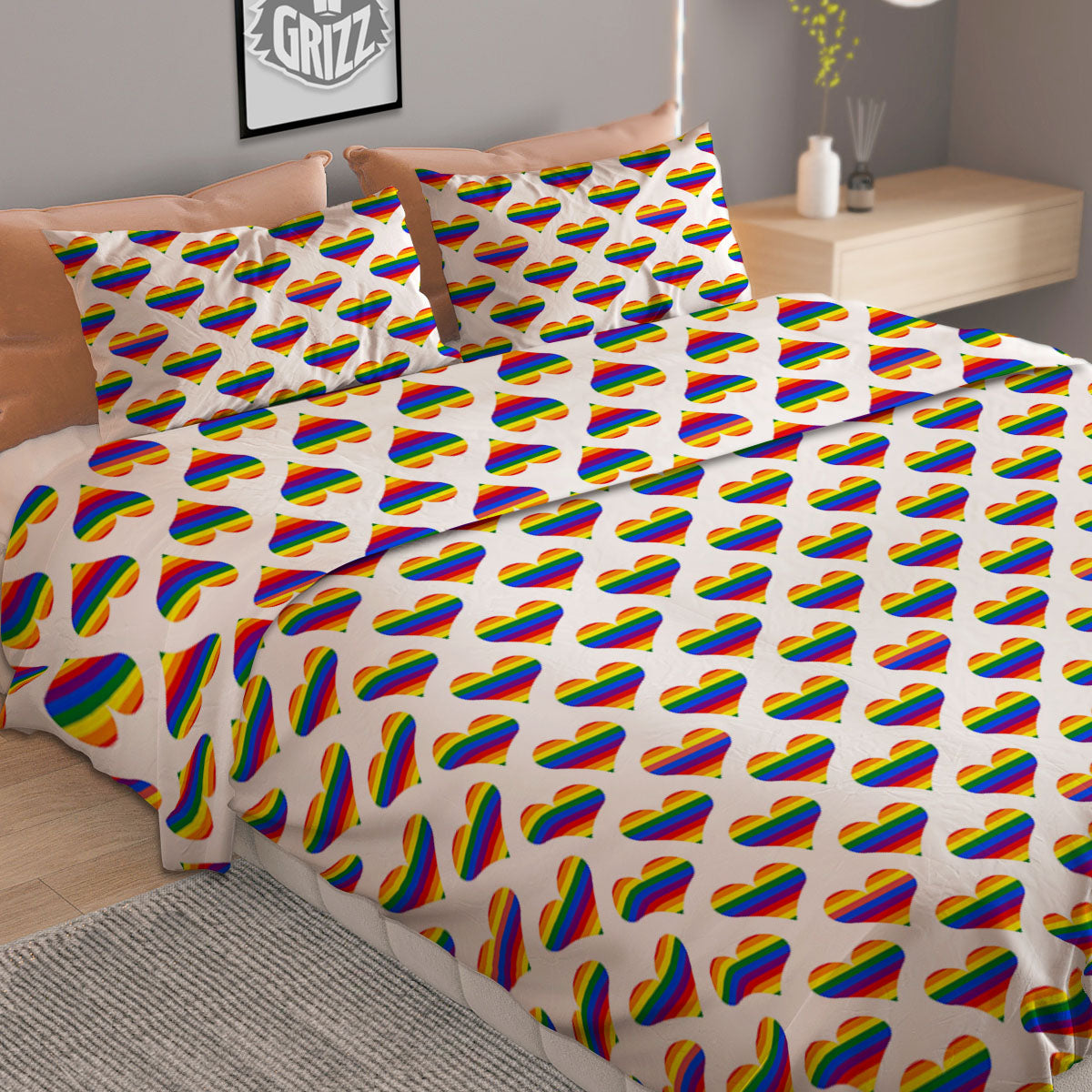 Striped White Heart On LGBT Pride Print Pattern Duvet Cover Bedding Set