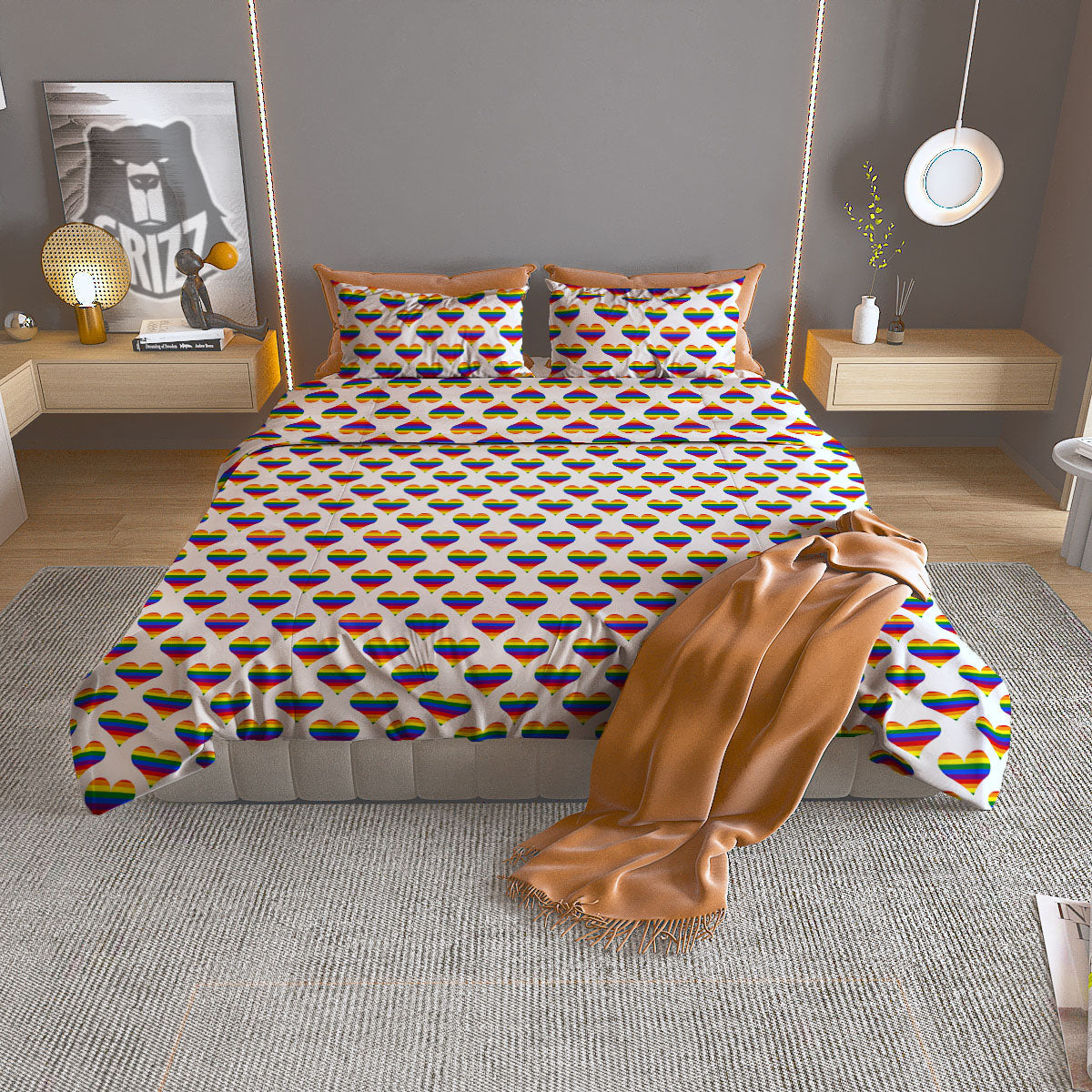 Striped White Heart On LGBT Pride Print Pattern Duvet Cover Bedding Set