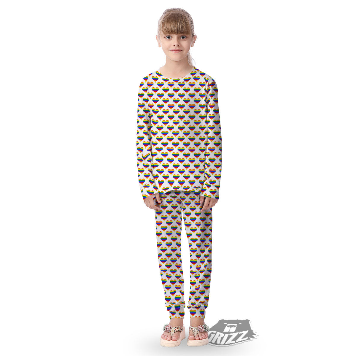 Striped White Heart On LGBT Pride Print Pattern Kid's Pajamas-grizzshop