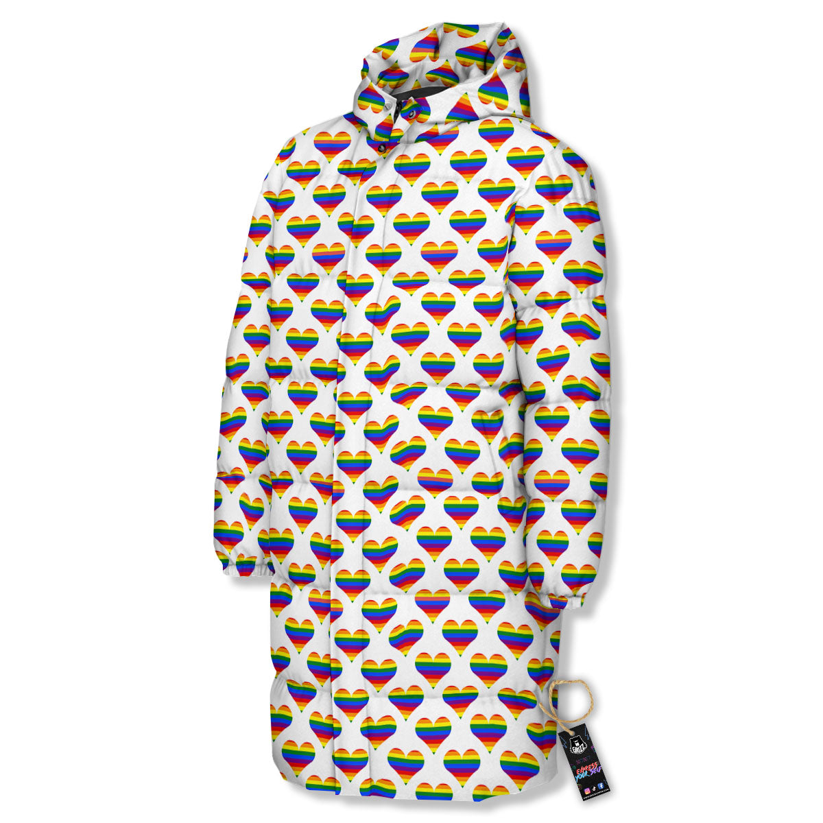 Striped White Heart On LGBT Pride Print Pattern Long Down Jacket-grizzshop