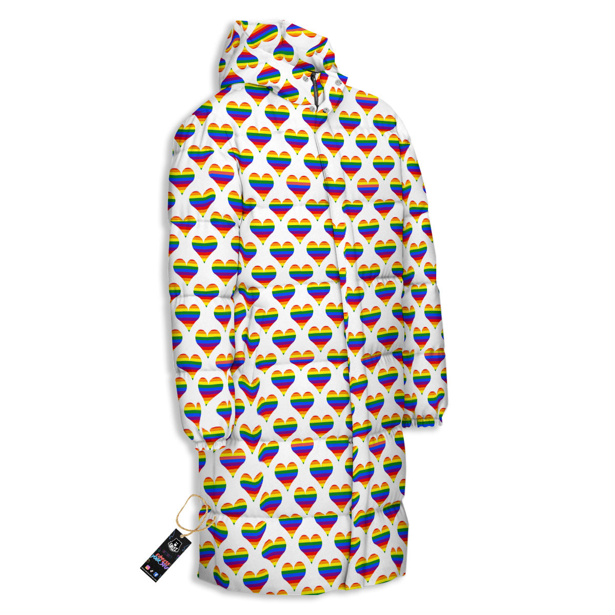 Striped White Heart On LGBT Pride Print Pattern Long Down Jacket-grizzshop