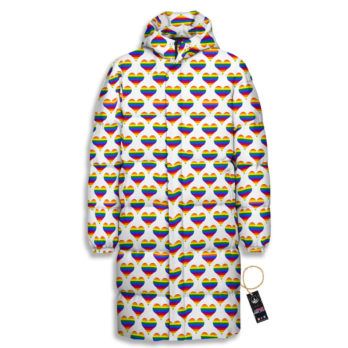 Striped White Heart On LGBT Pride Print Pattern Long Down Jacket-grizzshop