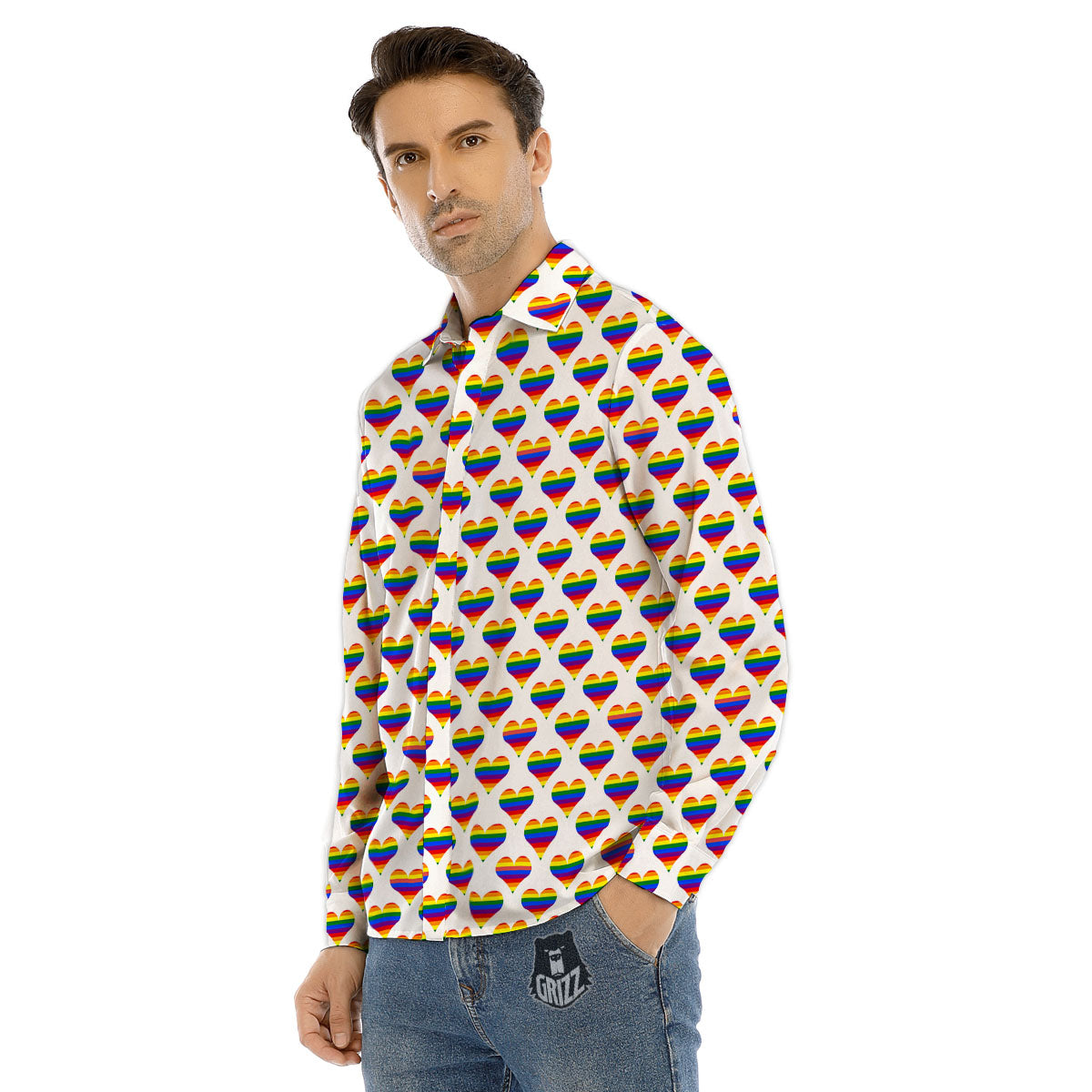 Striped White Heart On LGBT Pride Print Pattern Men's Dress Shirts-grizzshop