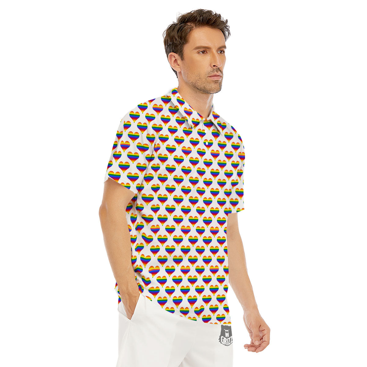 Striped White Heart On LGBT Pride Print Pattern Men's Golf Shirts-grizzshop