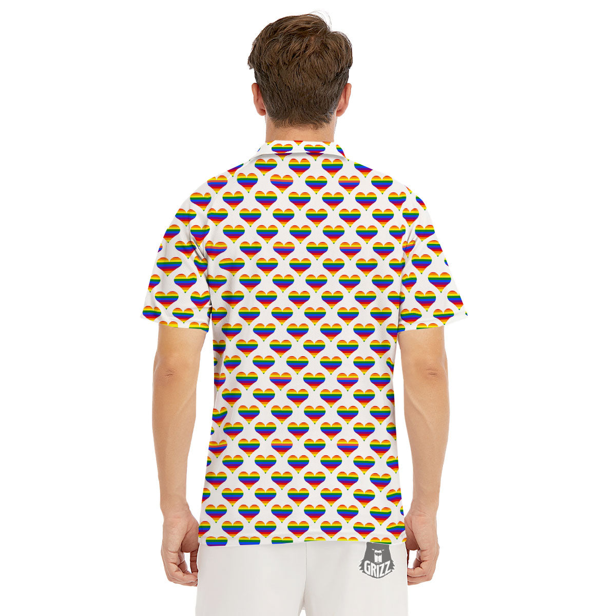 Striped White Heart On LGBT Pride Print Pattern Men's Golf Shirts-grizzshop