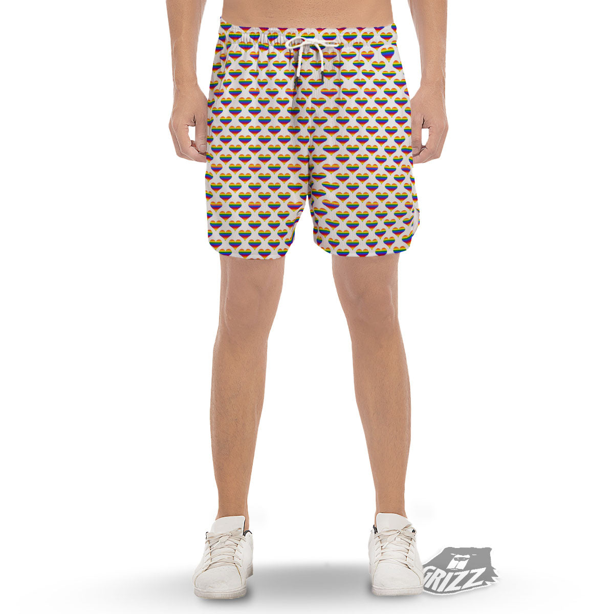 Striped White Heart On LGBT Pride Print Pattern Men's Gym Shorts-grizzshop