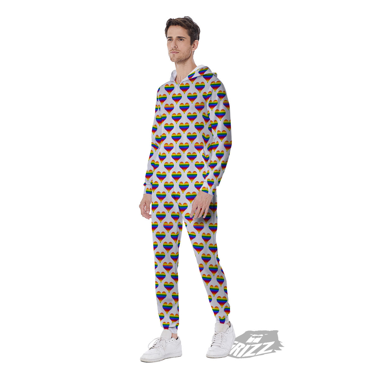 Striped White Heart On LGBT Pride Print Pattern Men's Jumpsuit-grizzshop