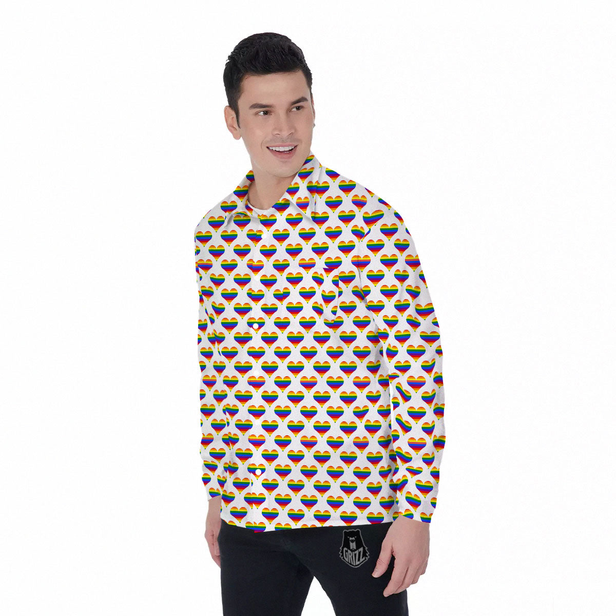 Striped White Heart On LGBT Pride Print Pattern Men's Long Sleeve Shirts-grizzshop