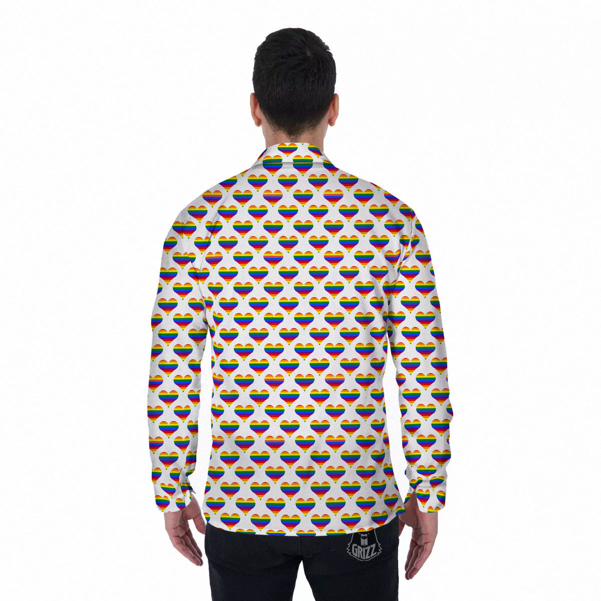 Striped White Heart On LGBT Pride Print Pattern Men's Long Sleeve Shirts-grizzshop