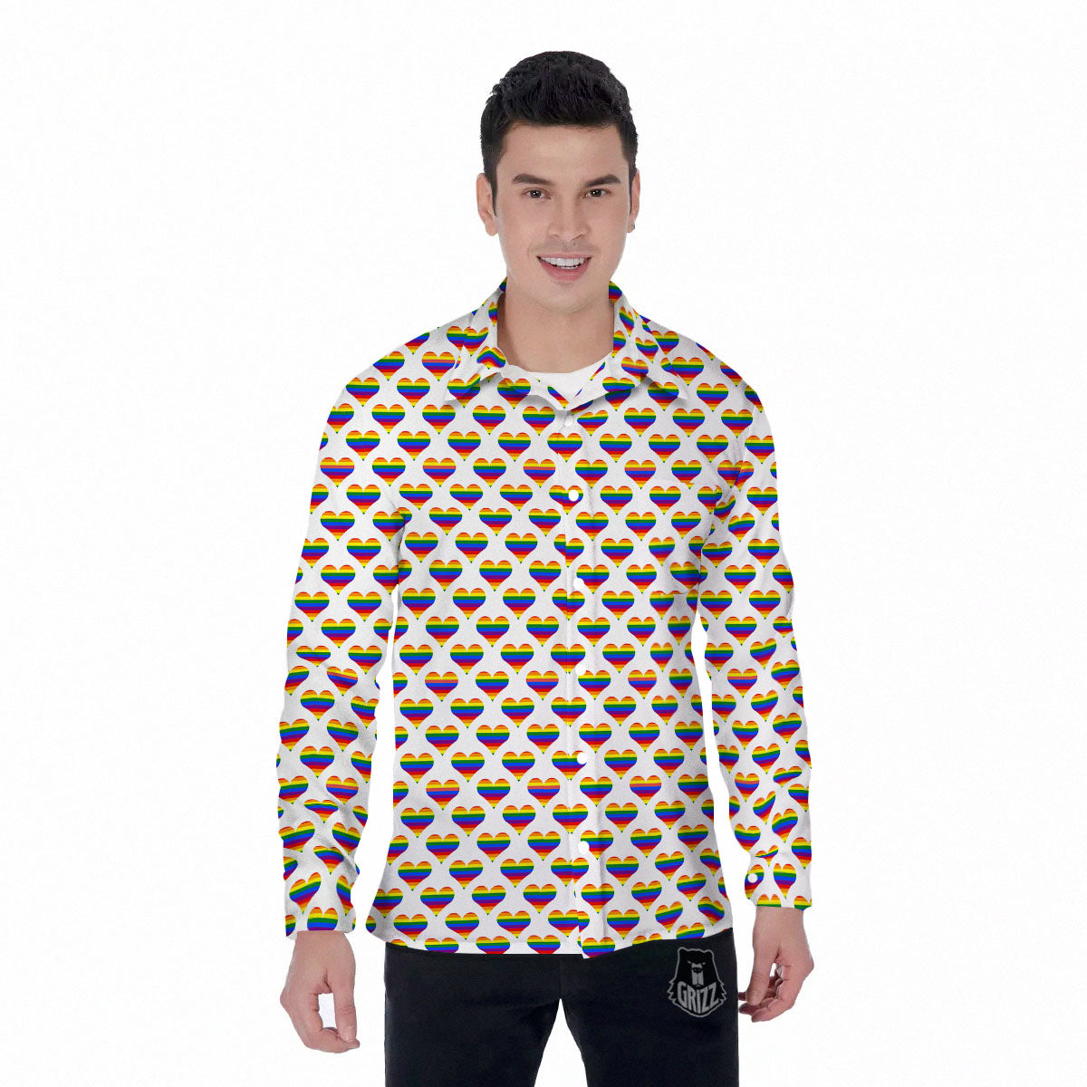 Striped White Heart On LGBT Pride Print Pattern Men's Long Sleeve Shirts-grizzshop