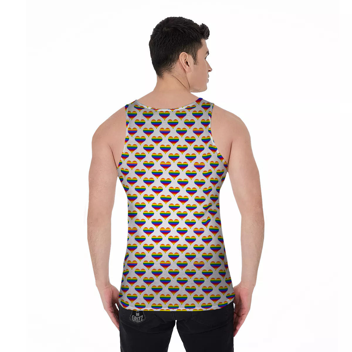 Striped White Heart On LGBT Pride Print Pattern Men's Tank Top-grizzshop