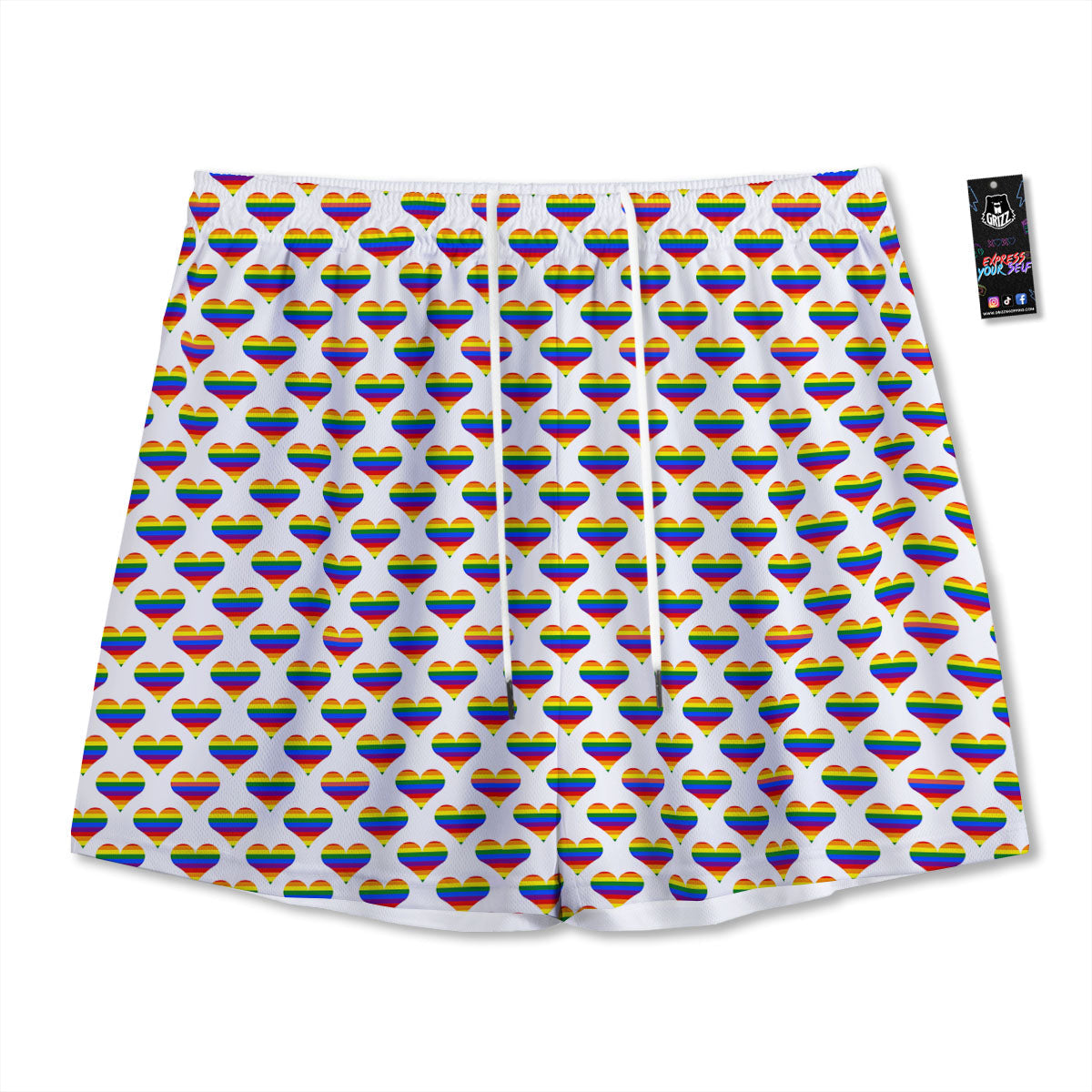 Striped White Heart On LGBT Pride Print Pattern Mesh Shorts