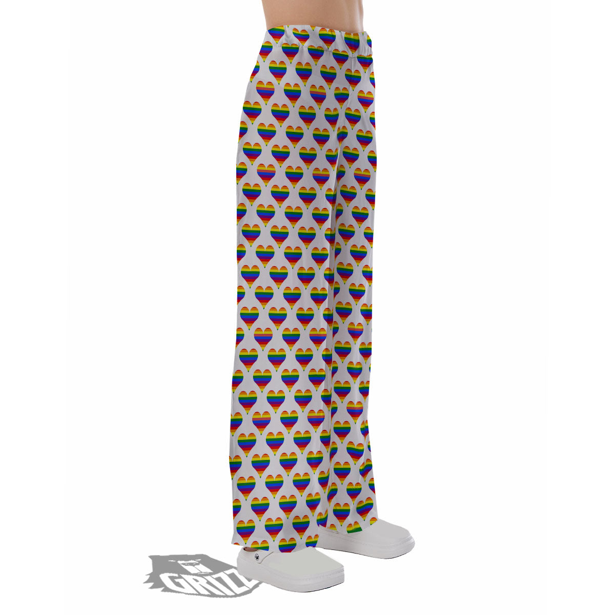 Striped White Heart On LGBT Pride Print Pattern Pajama Pants-grizzshop