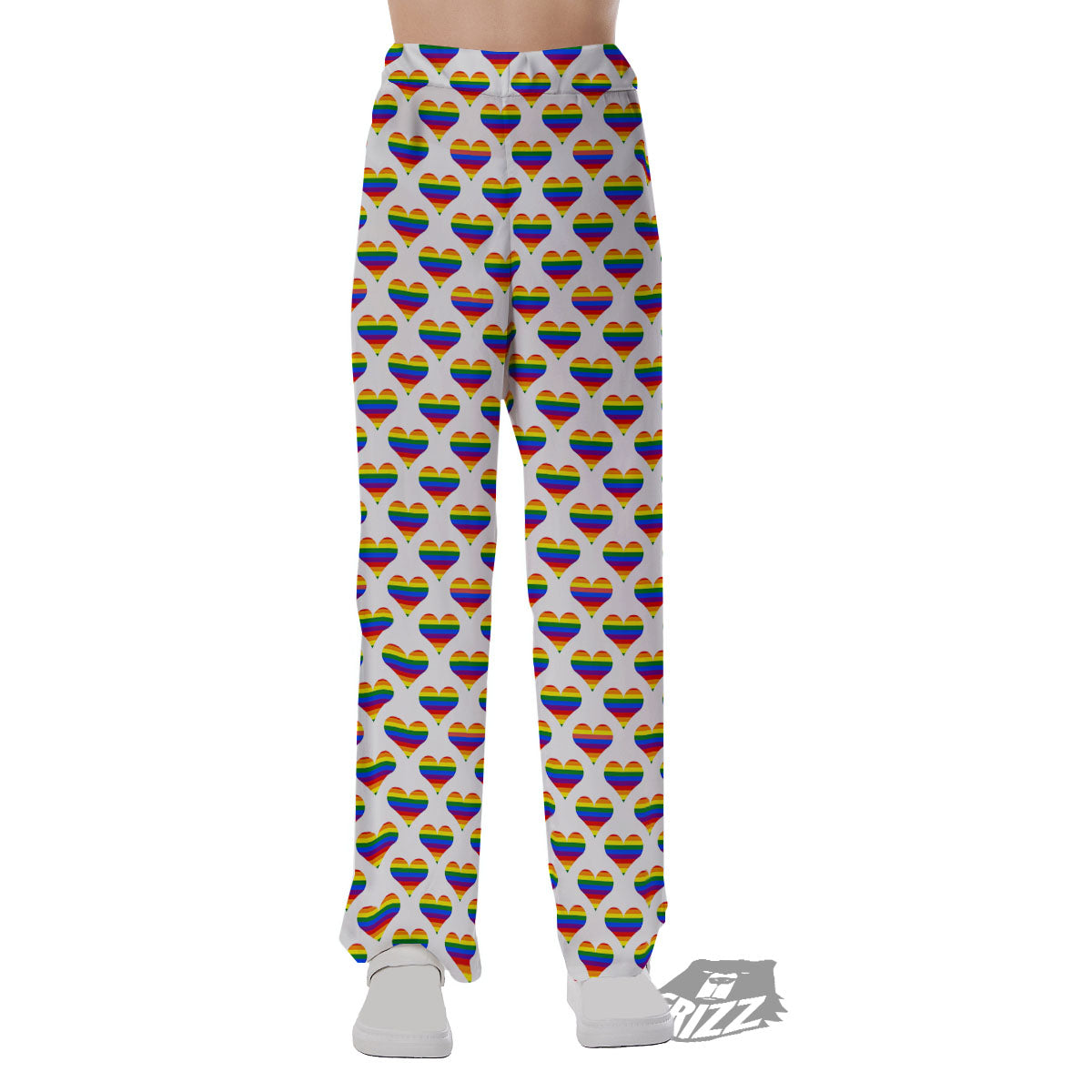 Striped White Heart On LGBT Pride Print Pattern Pajama Pants-grizzshop