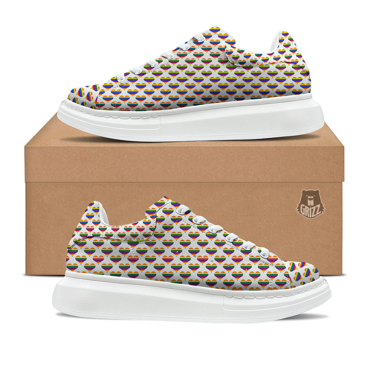 Striped White Heart On LGBT Pride Print Pattern Platform Shoes-grizzshop