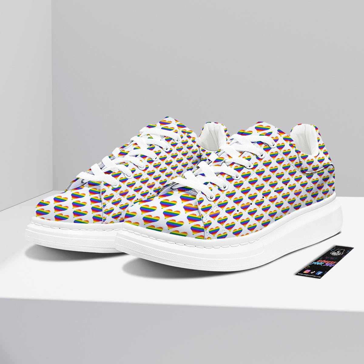 Striped White Heart On LGBT Pride Print Pattern Platform Shoes-grizzshop