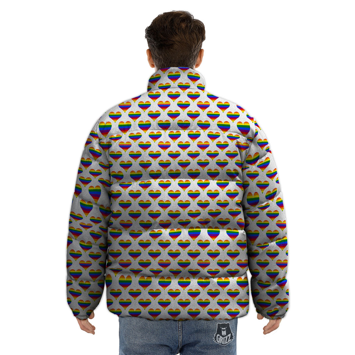 Striped White Heart On LGBT Pride Print Pattern Puffer Jacket-grizzshop