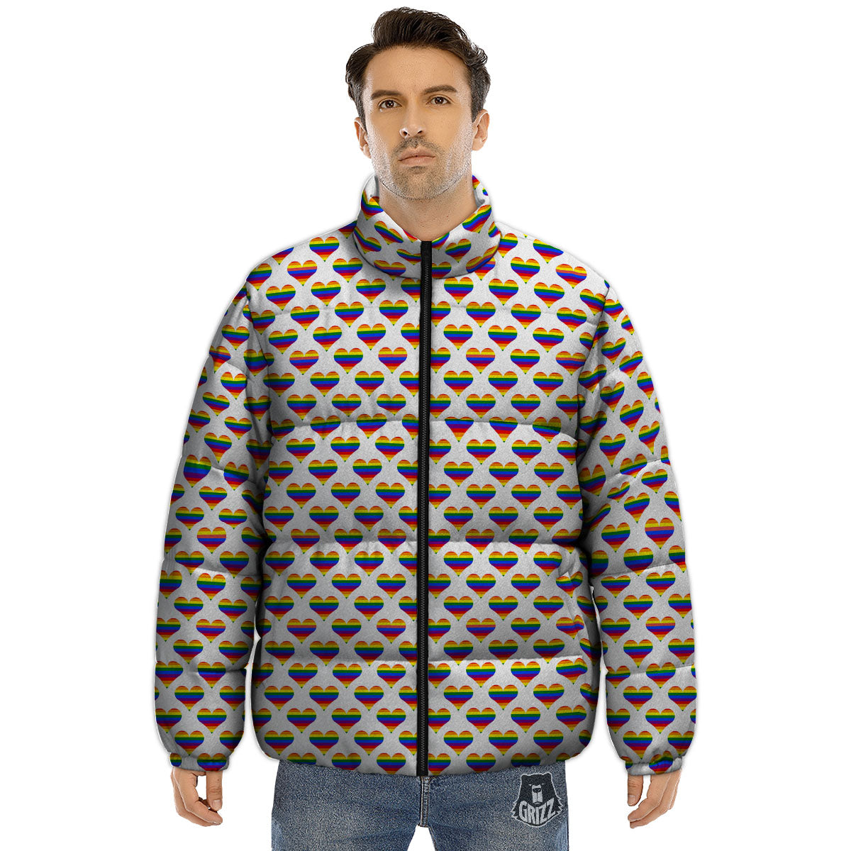 Striped White Heart On LGBT Pride Print Pattern Puffer Jacket-grizzshop