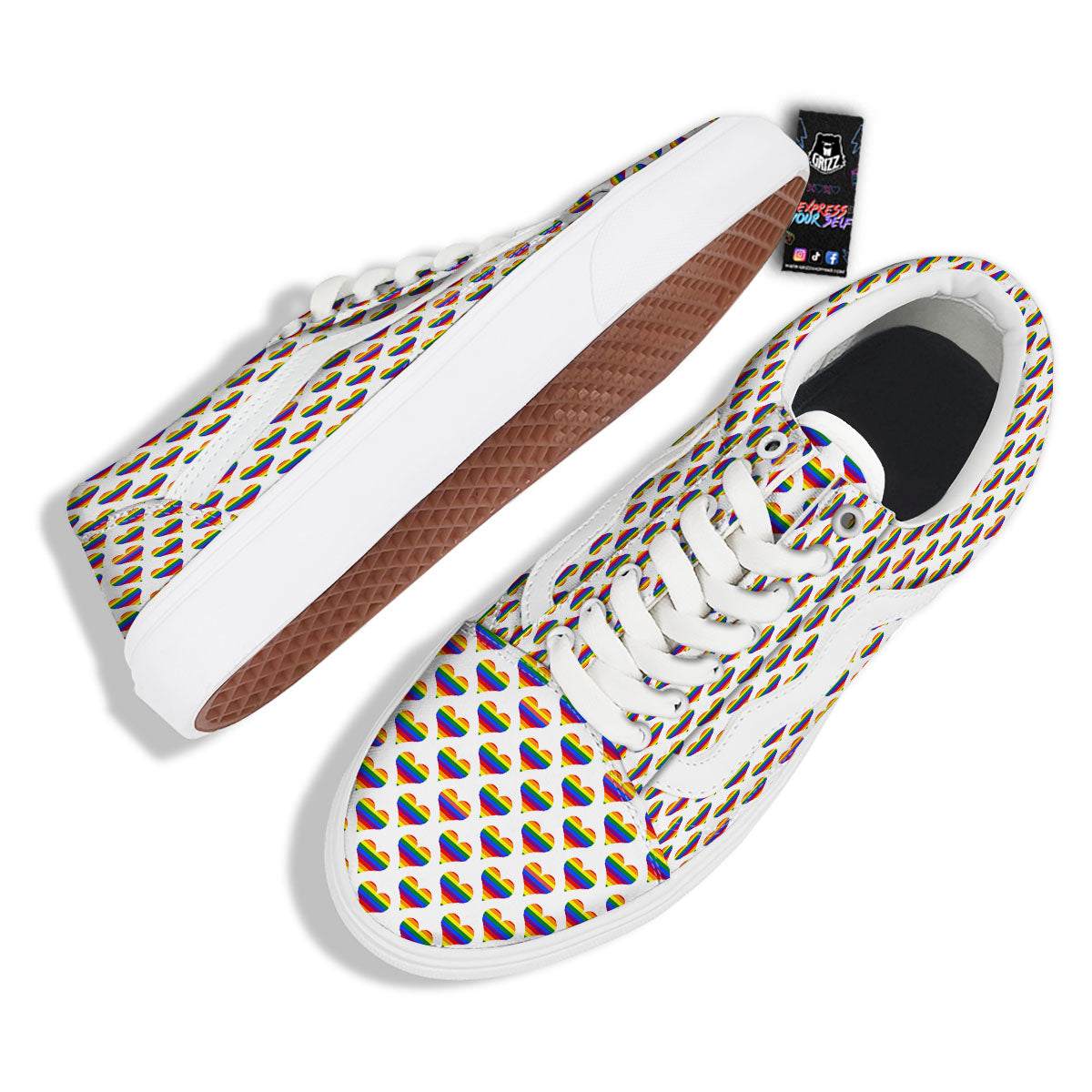 Striped White Heart On LGBT Pride Print Pattern Skate Shoes-grizzshop