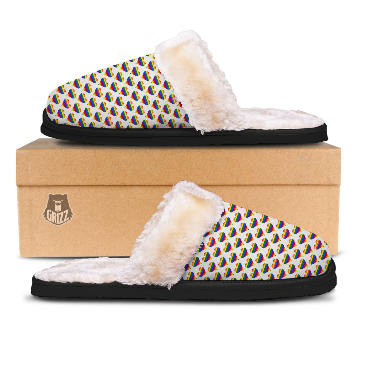 Striped White Heart On LGBT Pride Print Pattern Slippers-grizzshop