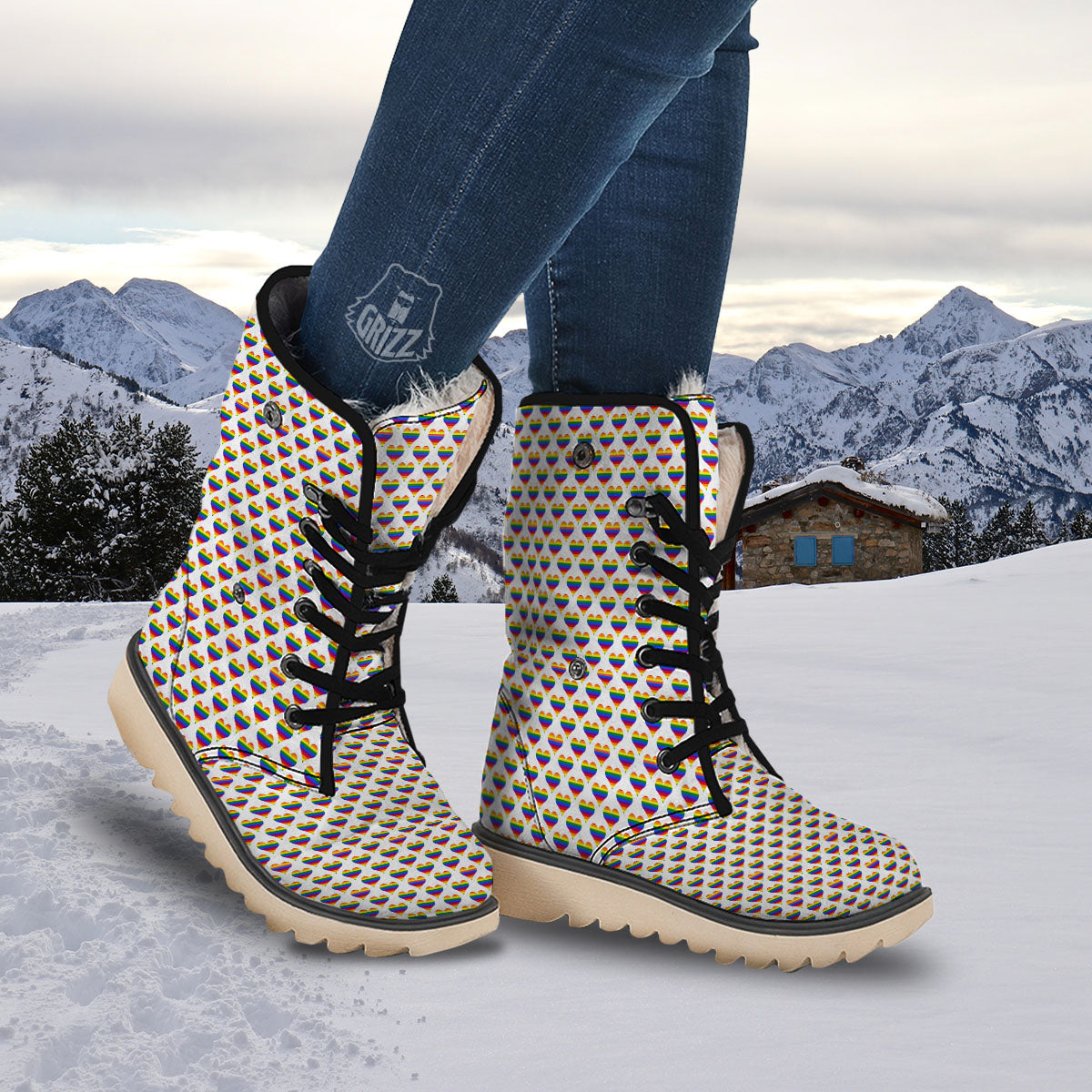 Striped White Heart On LGBT Pride Print Pattern Snow Boots-grizzshop