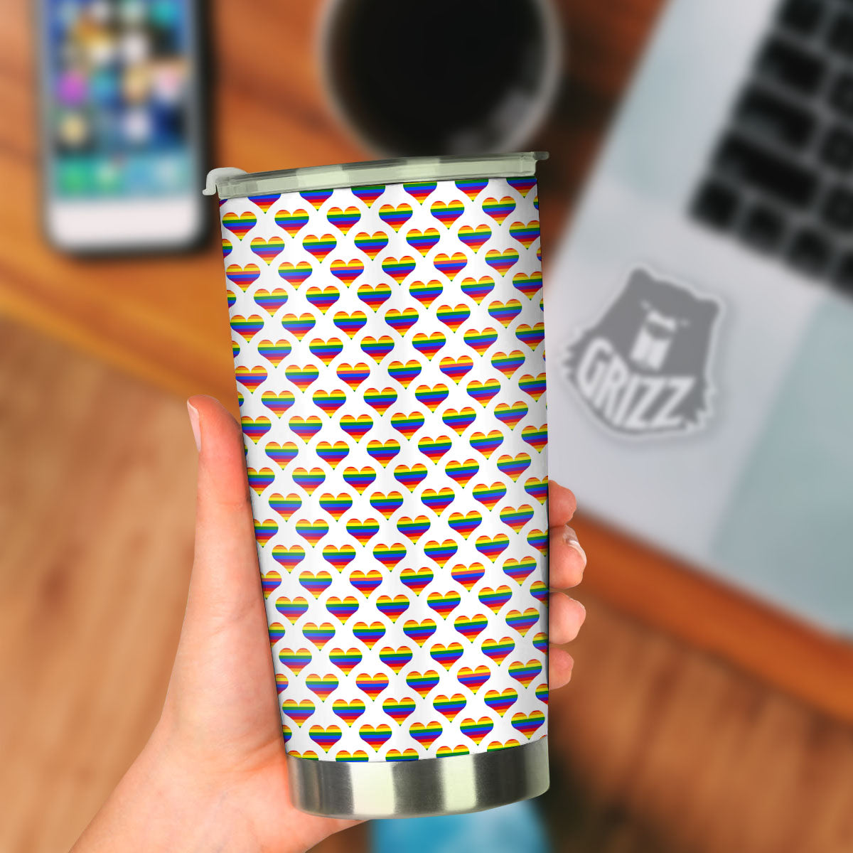 Striped White Heart On LGBT Pride Print Pattern Tumbler-grizzshop