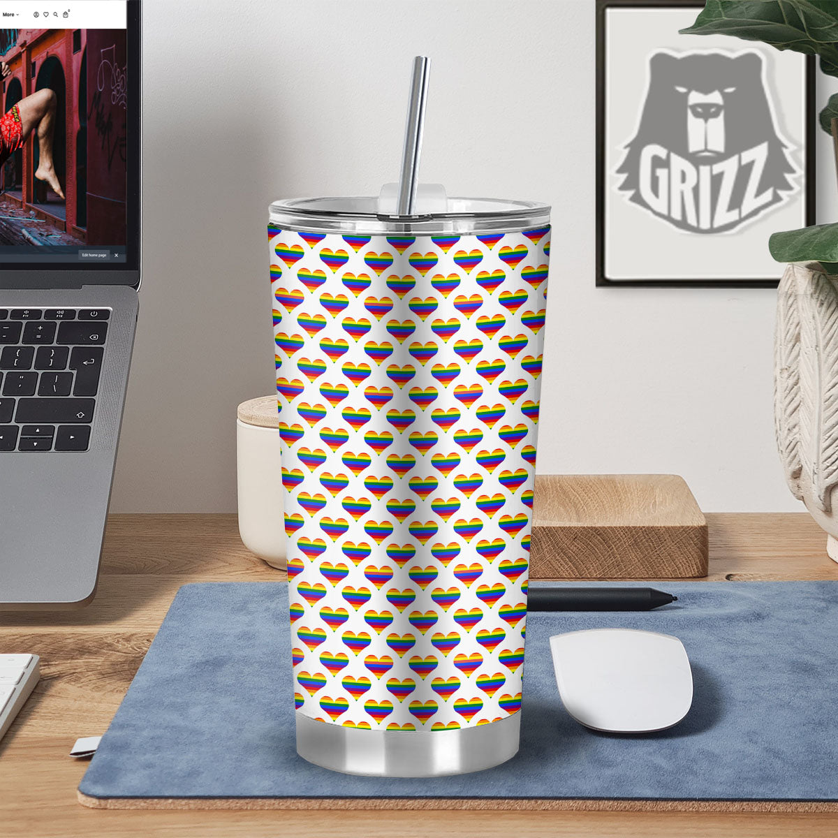 Striped White Heart On LGBT Pride Print Pattern Tumbler-grizzshop