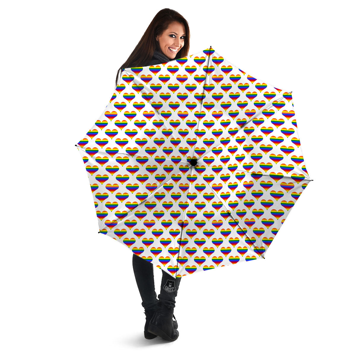 Striped White Heart On LGBT Pride Print Pattern Umbrella-grizzshop