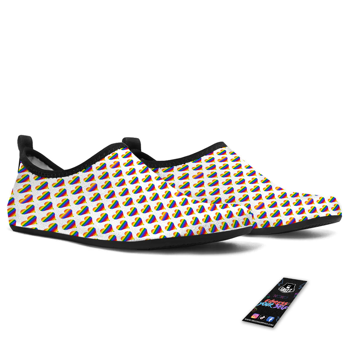 Striped White Heart On LGBT Pride Print Pattern Water Shoes-grizzshop