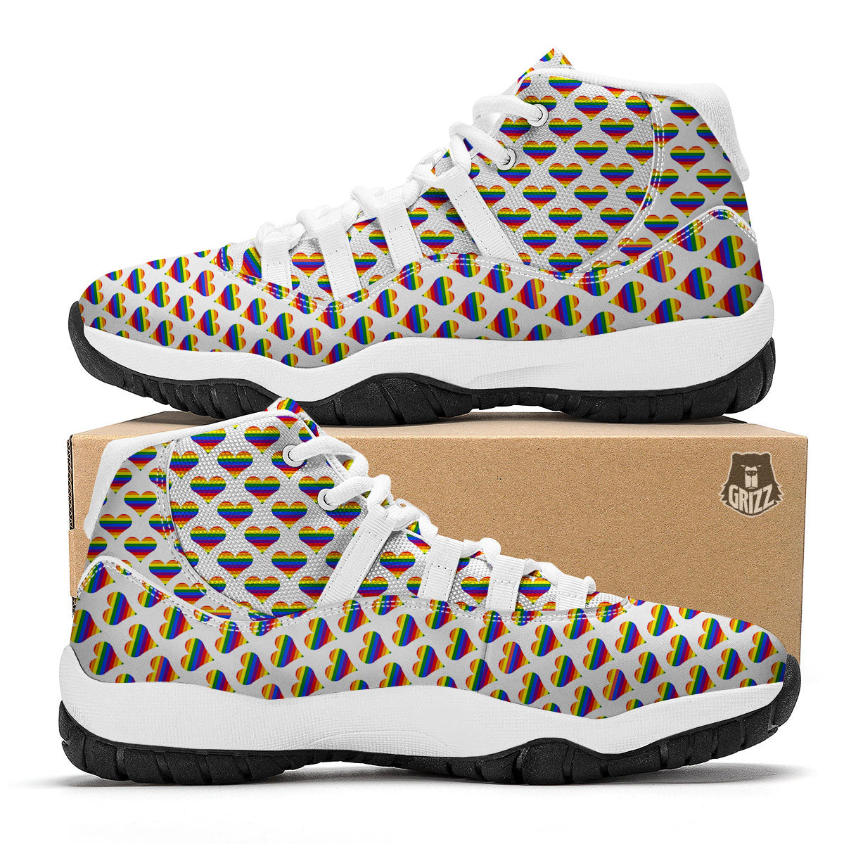 Striped White Heart On LGBT Pride Print Pattern White Bball Shoes-grizzshop