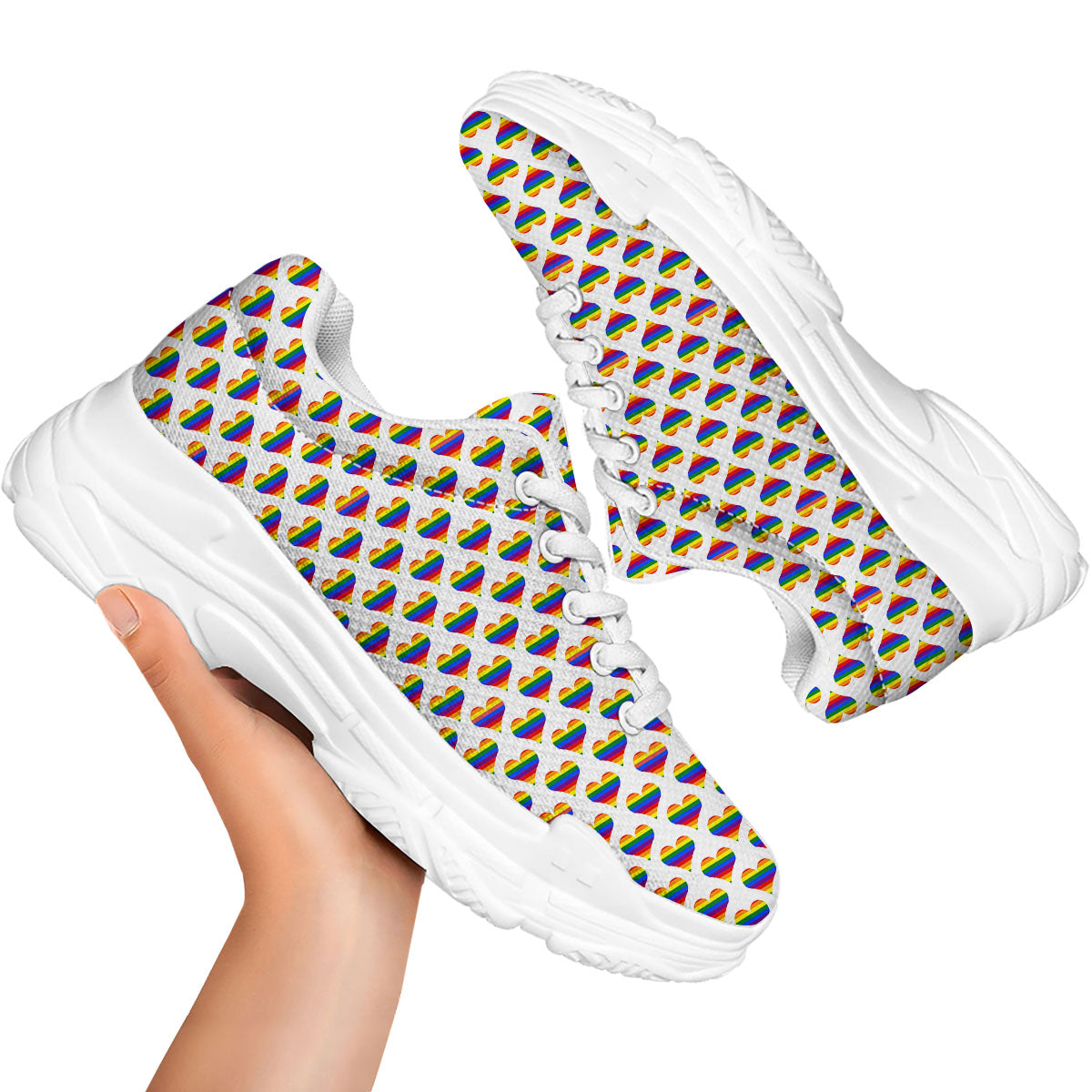 Striped White Heart On LGBT Pride Print Pattern White Chunky Shoes-grizzshop