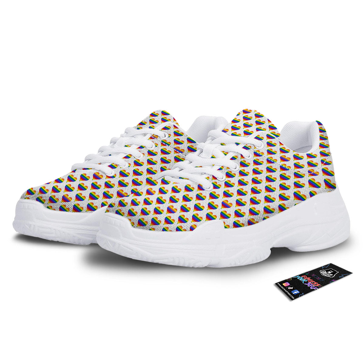 Striped White Heart On LGBT Pride Print Pattern White Chunky Shoes-grizzshop