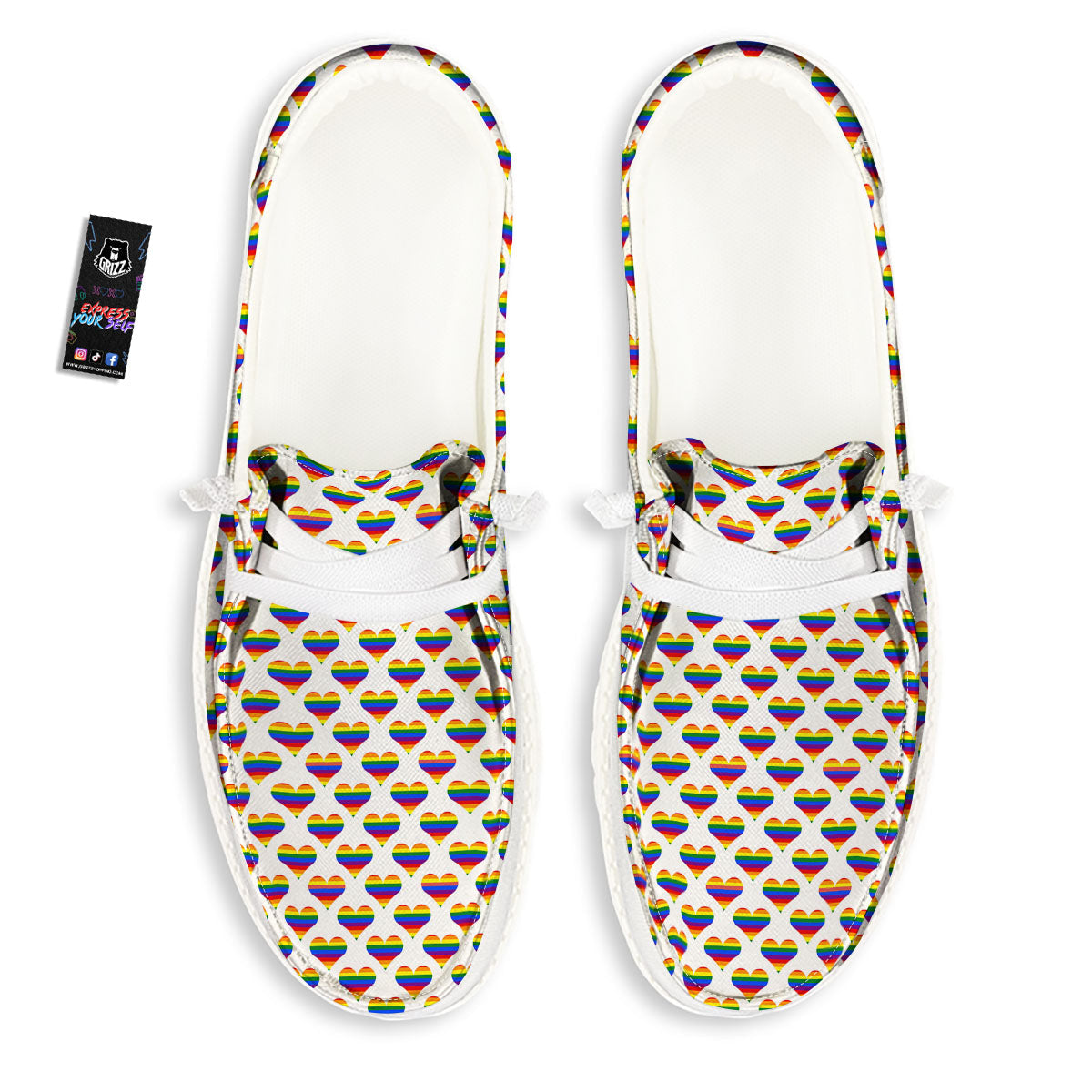 Striped White Heart On LGBT Pride Print Pattern White Loafers-grizzshop