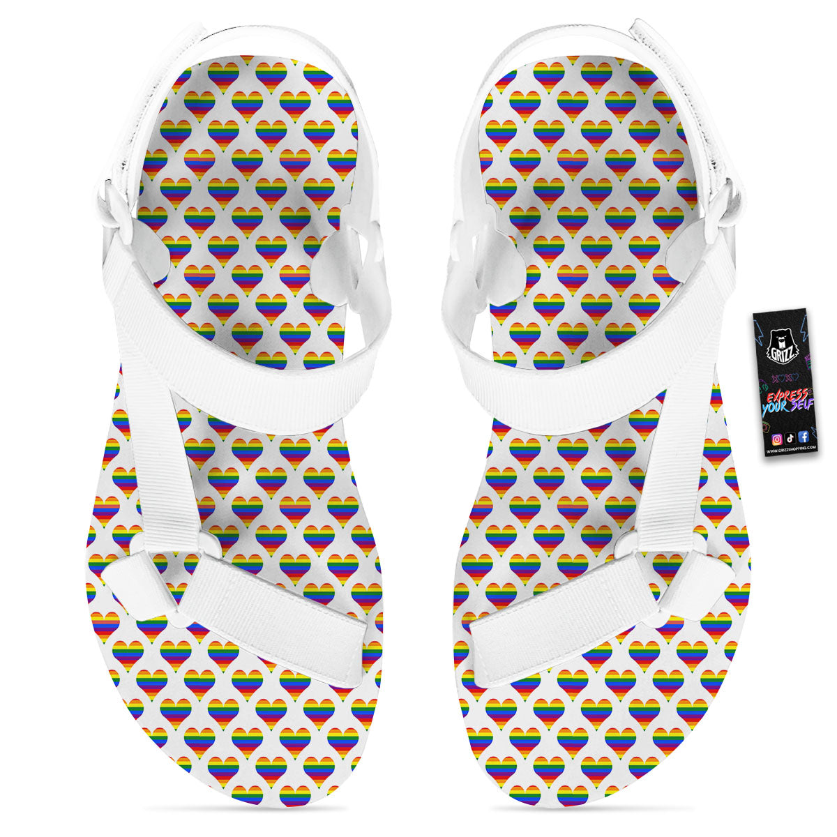 Striped White Heart On LGBT Pride Print Pattern White Open Toe Sandals-grizzshop