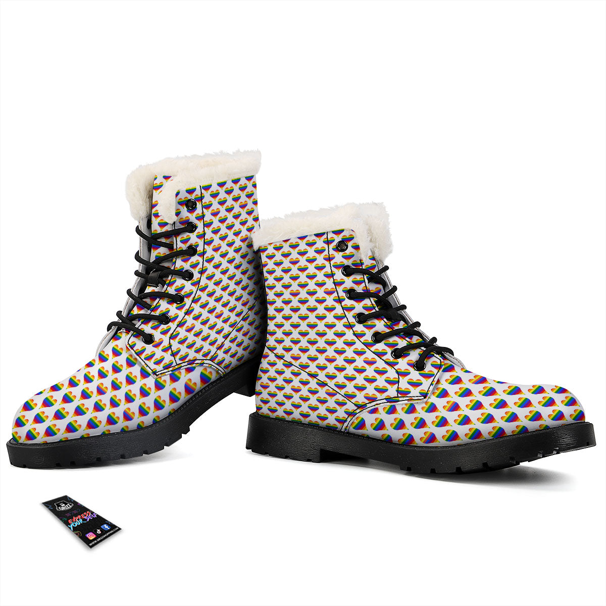 Striped White Heart On LGBT Pride Print Pattern Winter Boots-grizzshop