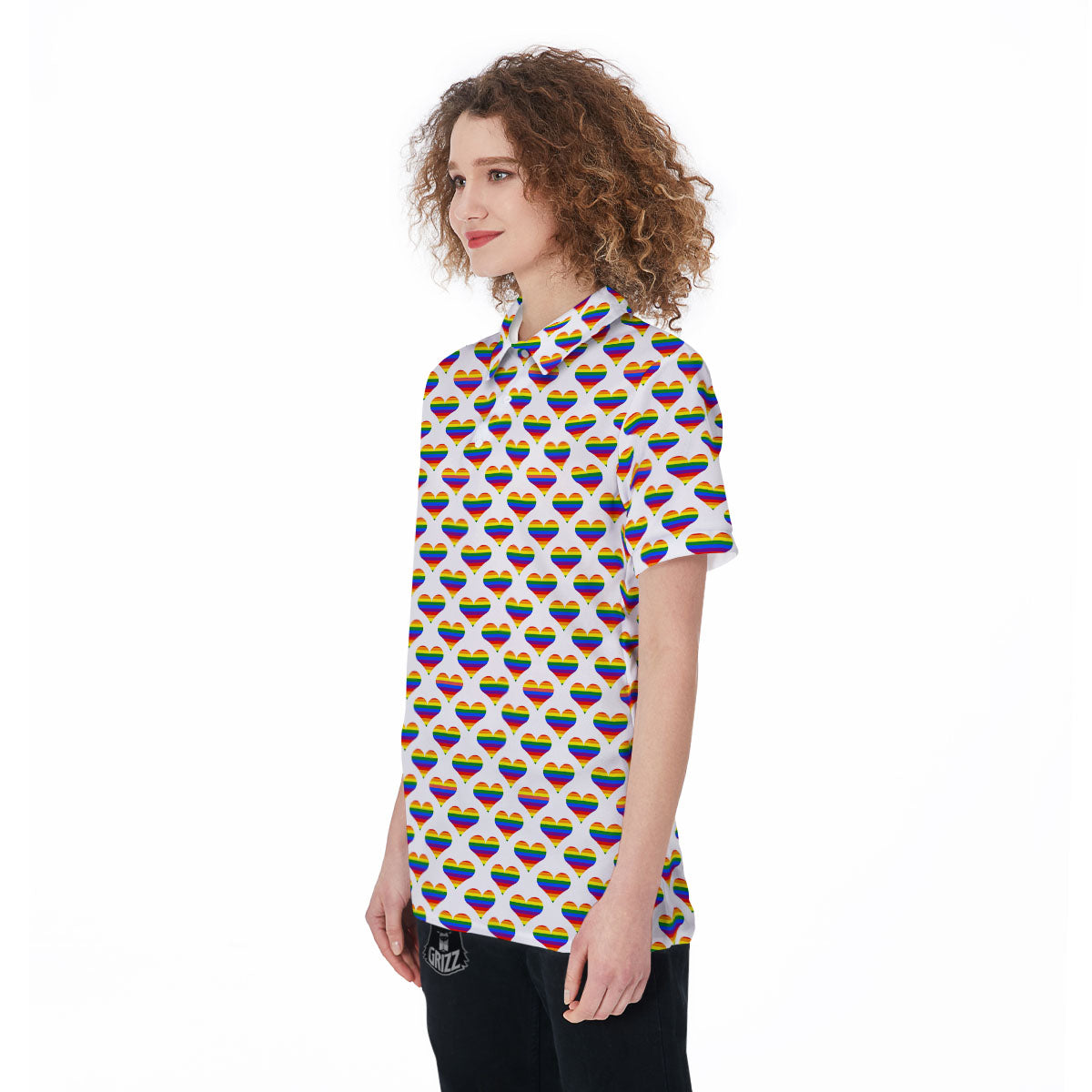 Striped White Heart On LGBT Pride Print Pattern Women's Golf Shirts-grizzshop