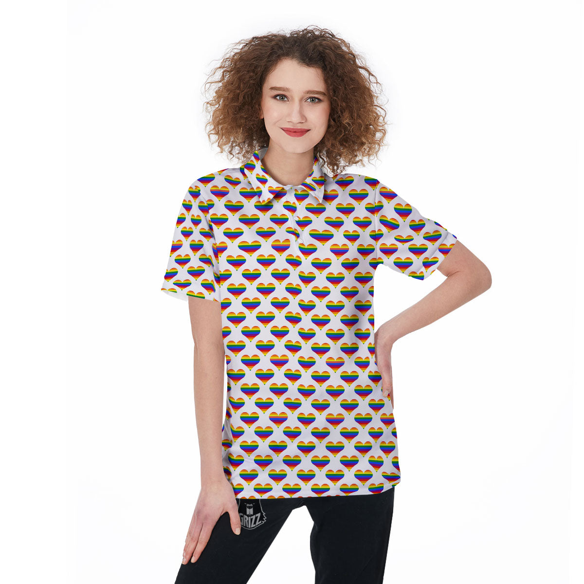 Striped White Heart On LGBT Pride Print Pattern Women's Golf Shirts-grizzshop