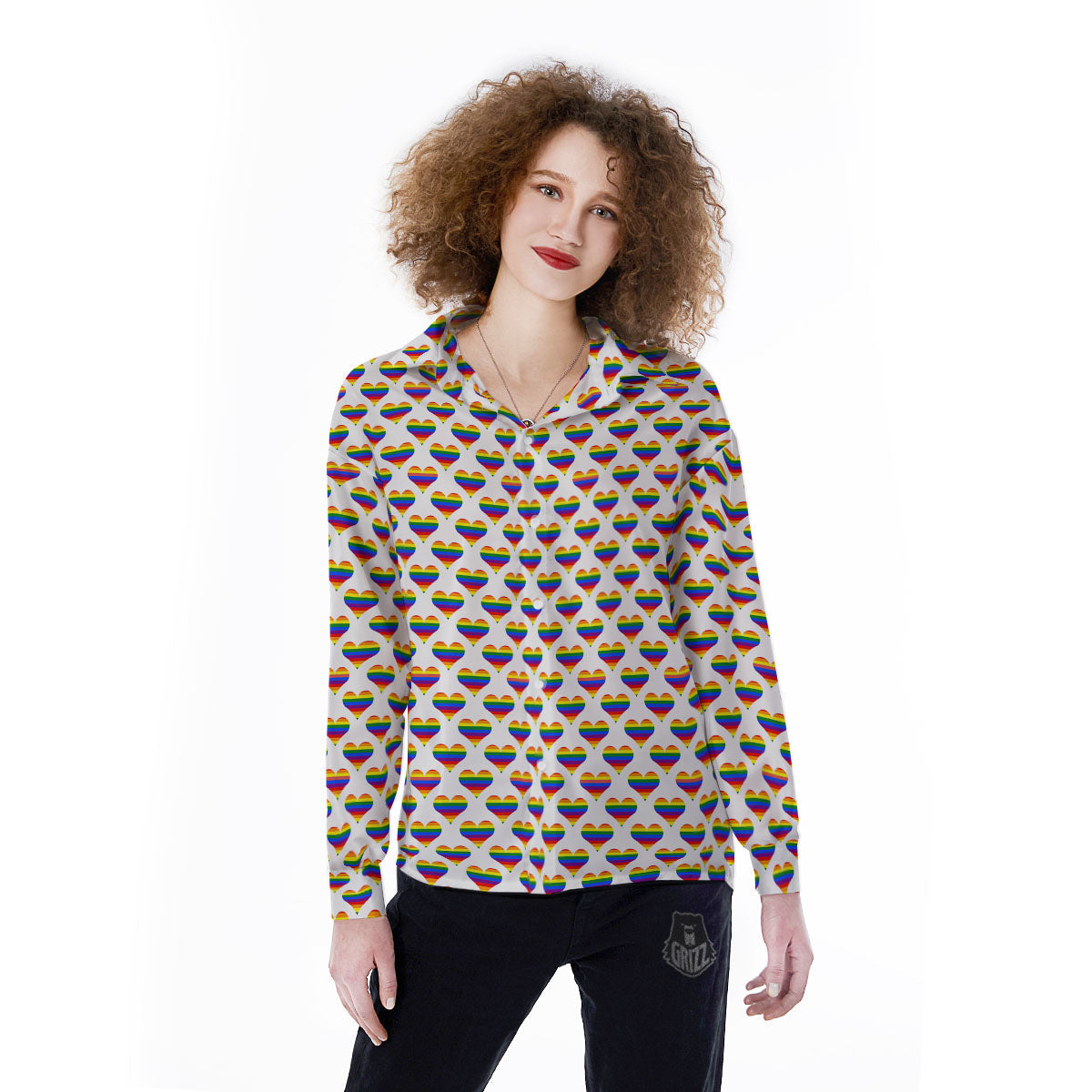 Striped White Heart On LGBT Pride Print Pattern Women's Long Sleeve Shirts-grizzshop