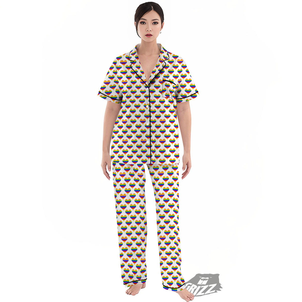 Striped White Heart On LGBT Pride Print Pattern Women's Pajamas Set-grizzshop