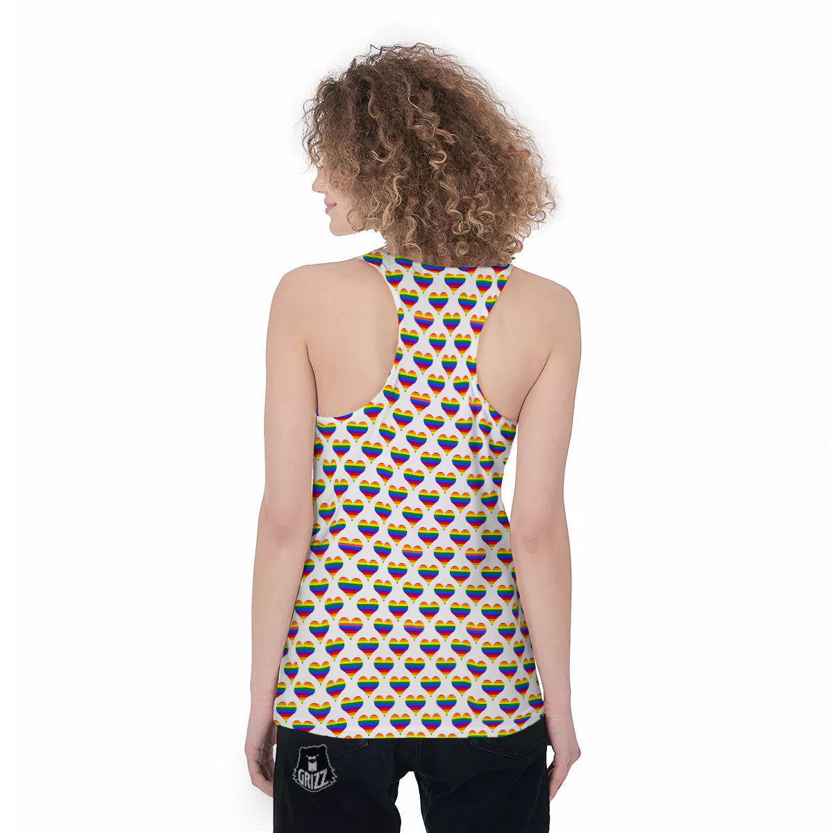 Striped White Heart On LGBT Pride Print Pattern Women's Racerback Tank Top-grizzshop