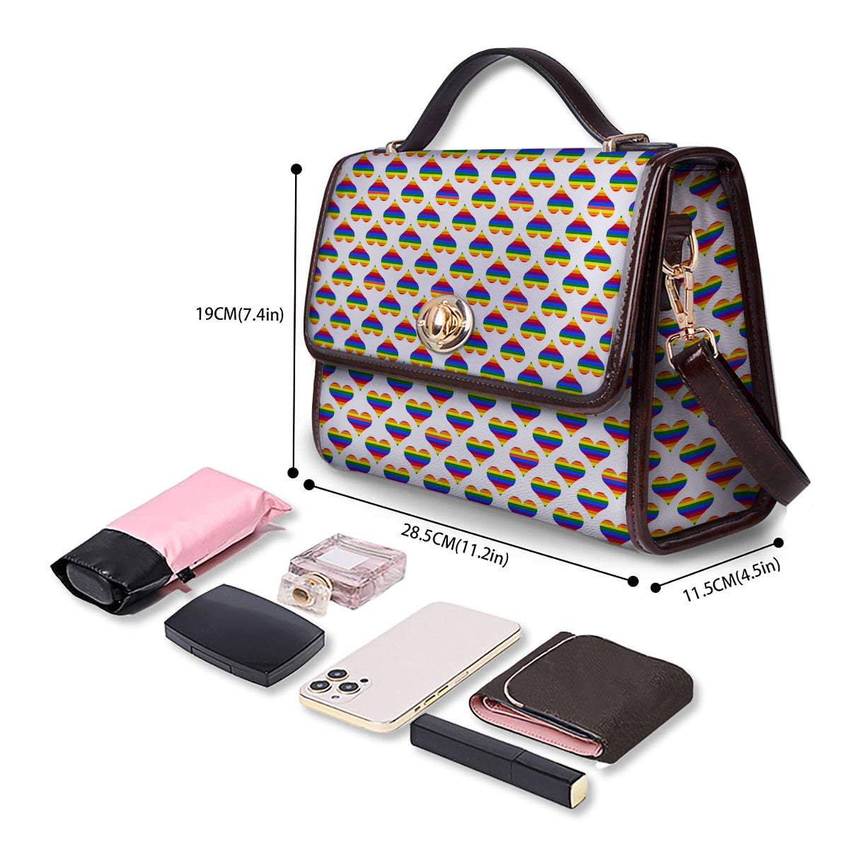 Striped White Heart On LGBT Pride Print Pattern Women's Satchel Bag-grizzshop