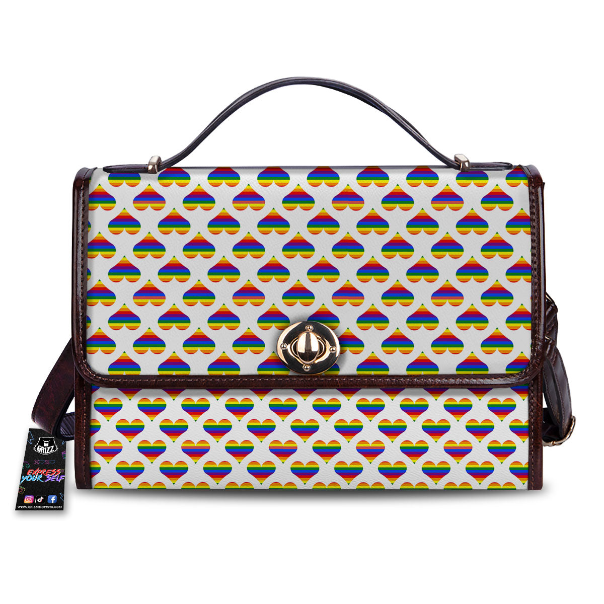 Striped White Heart On LGBT Pride Print Pattern Women's Satchel Bag-grizzshop