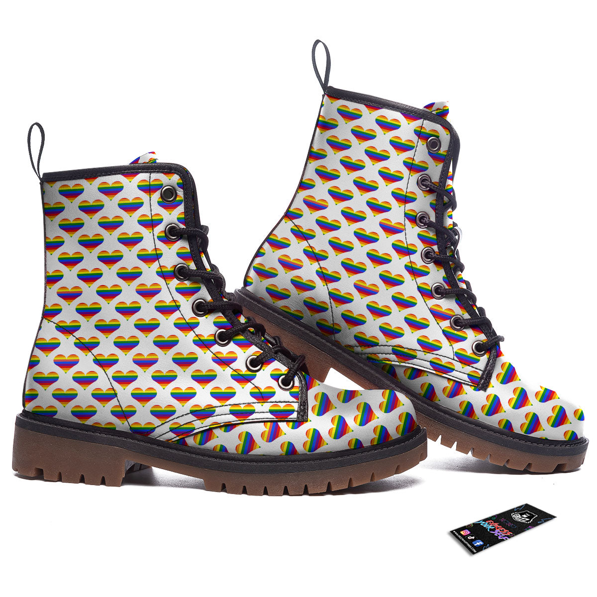 Striped White Heart On LGBT Pride Print Pattern Work Boots-grizzshop