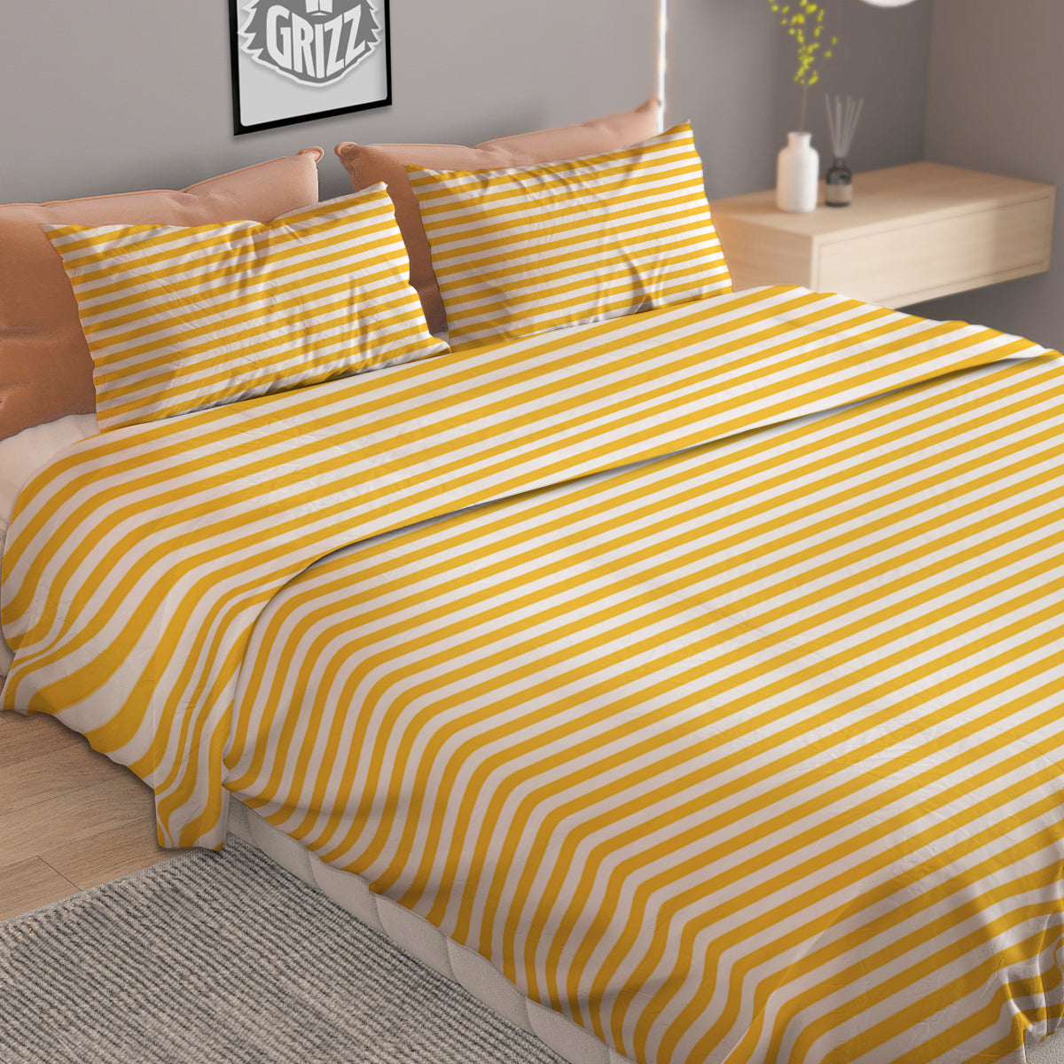 Striped Yellow And White Print Pattern Duvet Cover Bedding Set