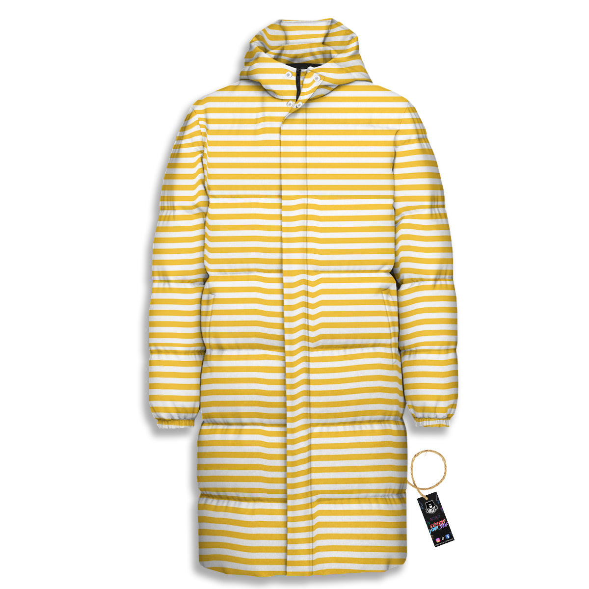 Striped Yellow And White Print Pattern Long Down Jacket-grizzshop
